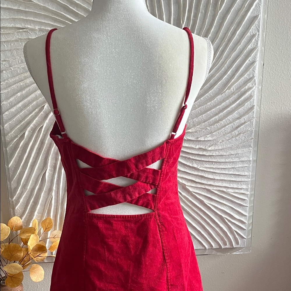 100% Cotton Corduroy Button Up Dress in Red - Picture 11 of 12